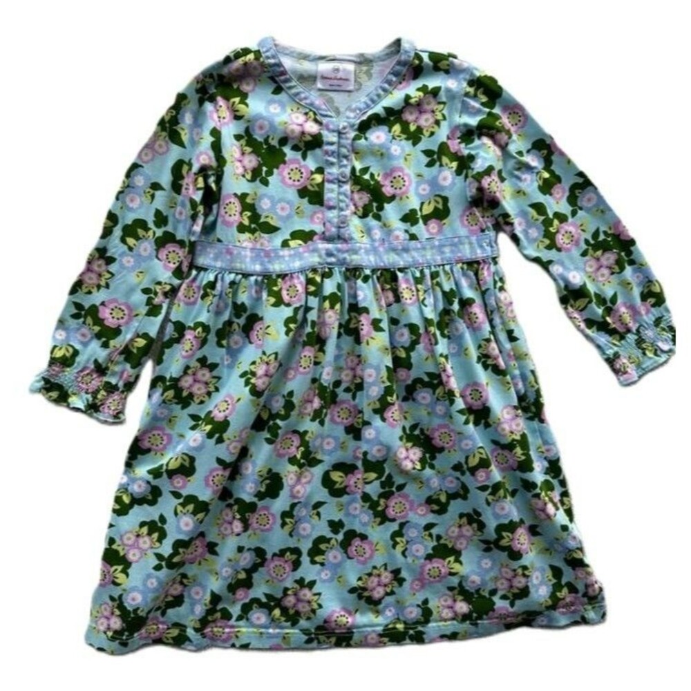 Hanna Andersson 120 Long Sleeve Skater Dress Girls 6-7 Blue Floral Multi Flowers